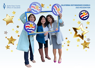 CA Distinguished Schools 2023 Photo of three people with themed background