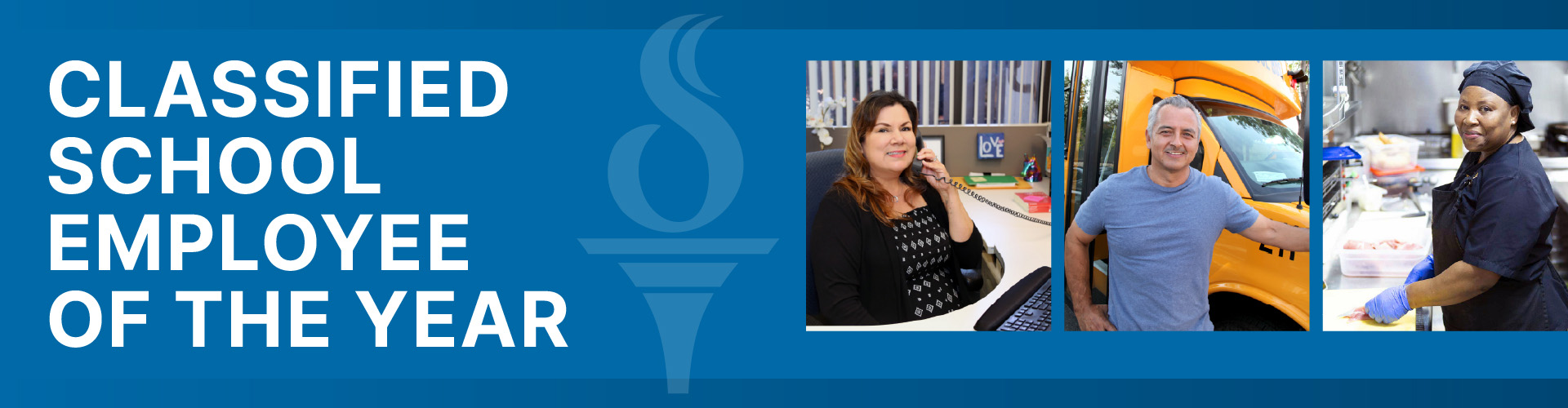 Classified School Employee of the Year with three photos of employees in their workplace