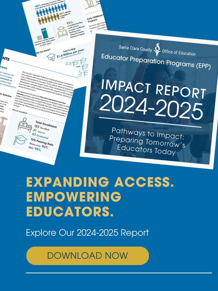 Graphic promoting the SCCOE Educator Preparation Programs Impact Report 2024-2025 showing high passing rates and diversity statistics