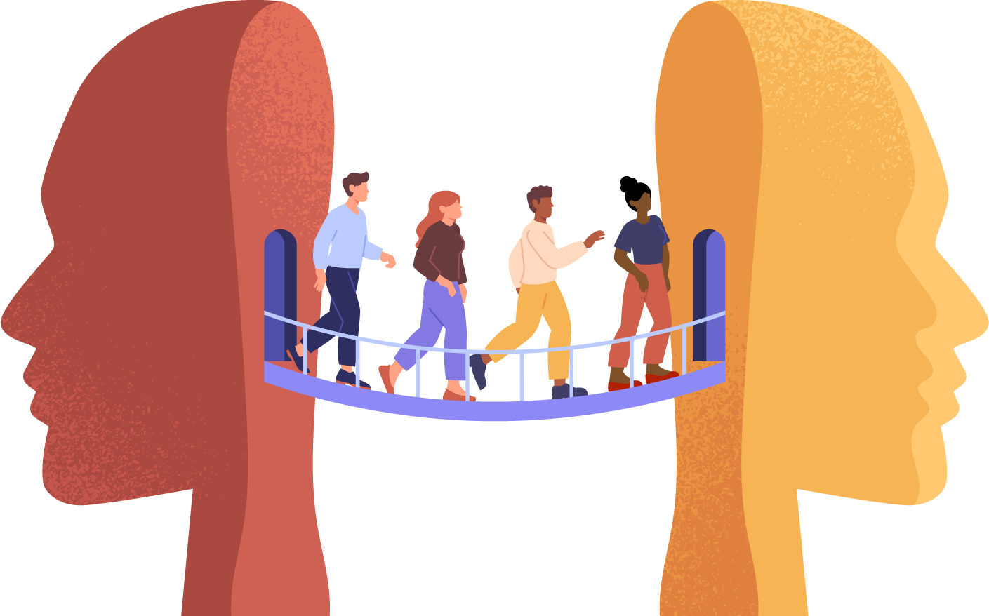 image of people walking across a bridge between two faces