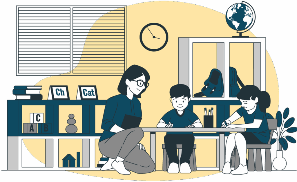 image of female teacher and  a boy and a girl studying in a classroom