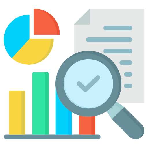 Illustration of magnifying glass, bar chart, pie chart and word document